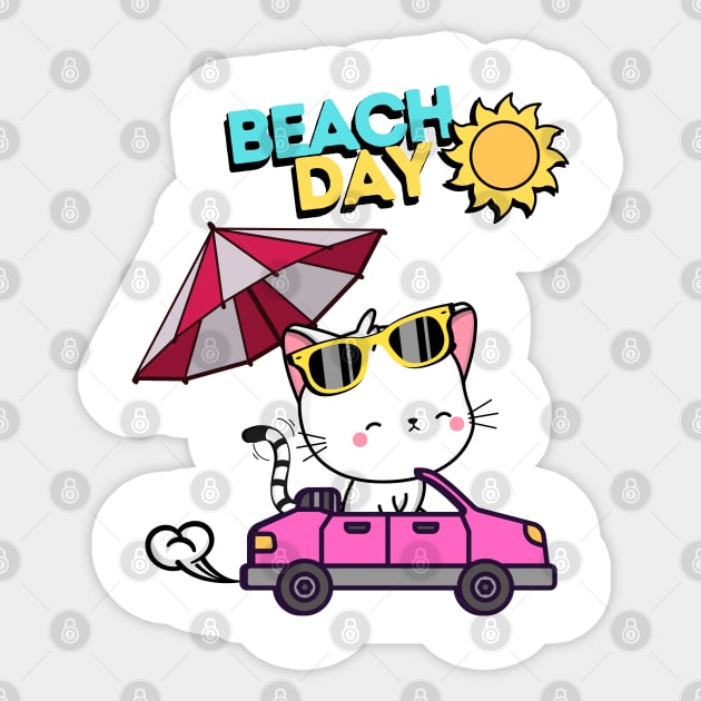 Cute White Angora Cat driving to the beach in summer Sticker by Pet Station